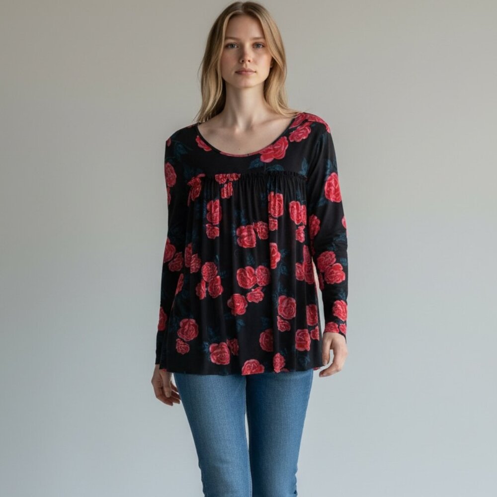Matilda Jane Floral Whimsigoth Fairy Layered Tunic Top S Black Red Winter Blooms